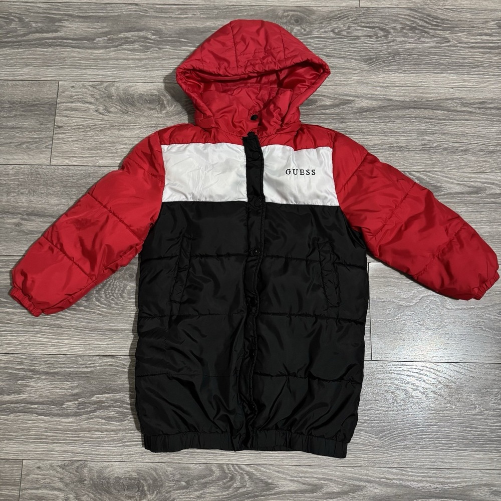 Guess BOYS Red Black Hoodie Christmas Long Puffer Jacket Size 8 With Pockets